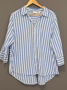 Chico’s Striped Cotton Oversized Button Down Blue White Preppy Coastal 3 / XL